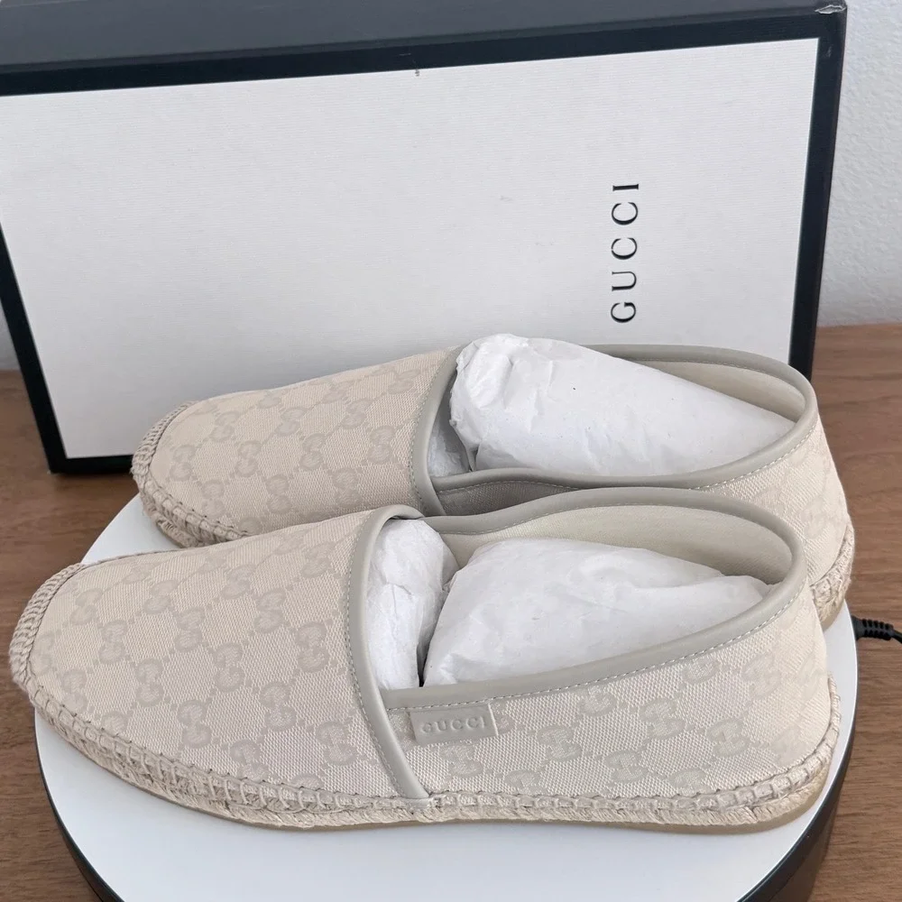 Gucci Mens GG Monogram Canvas Espadrilles White Beige 466903 US 8